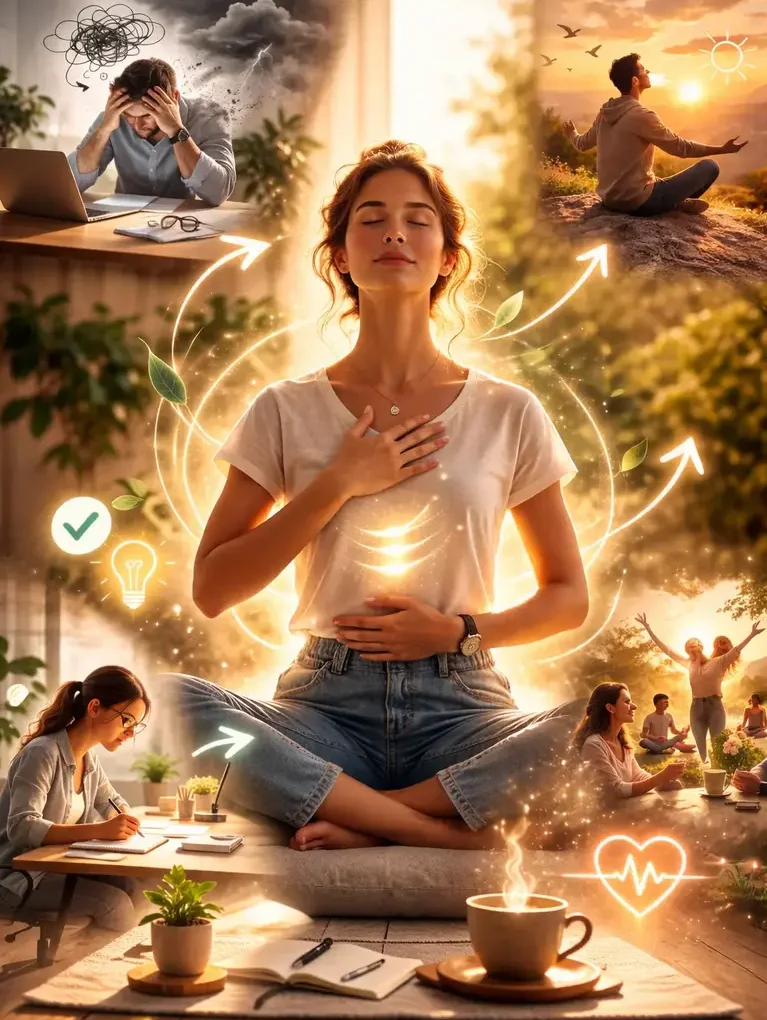 Femme en position de méditation, yeux fermés, baignée de lumière chaleureuse, entourée de scènes illustrant la transition du stress vers le calme, la concentration et le bien-être grâce à de courtes pratiques de pleine conscience.