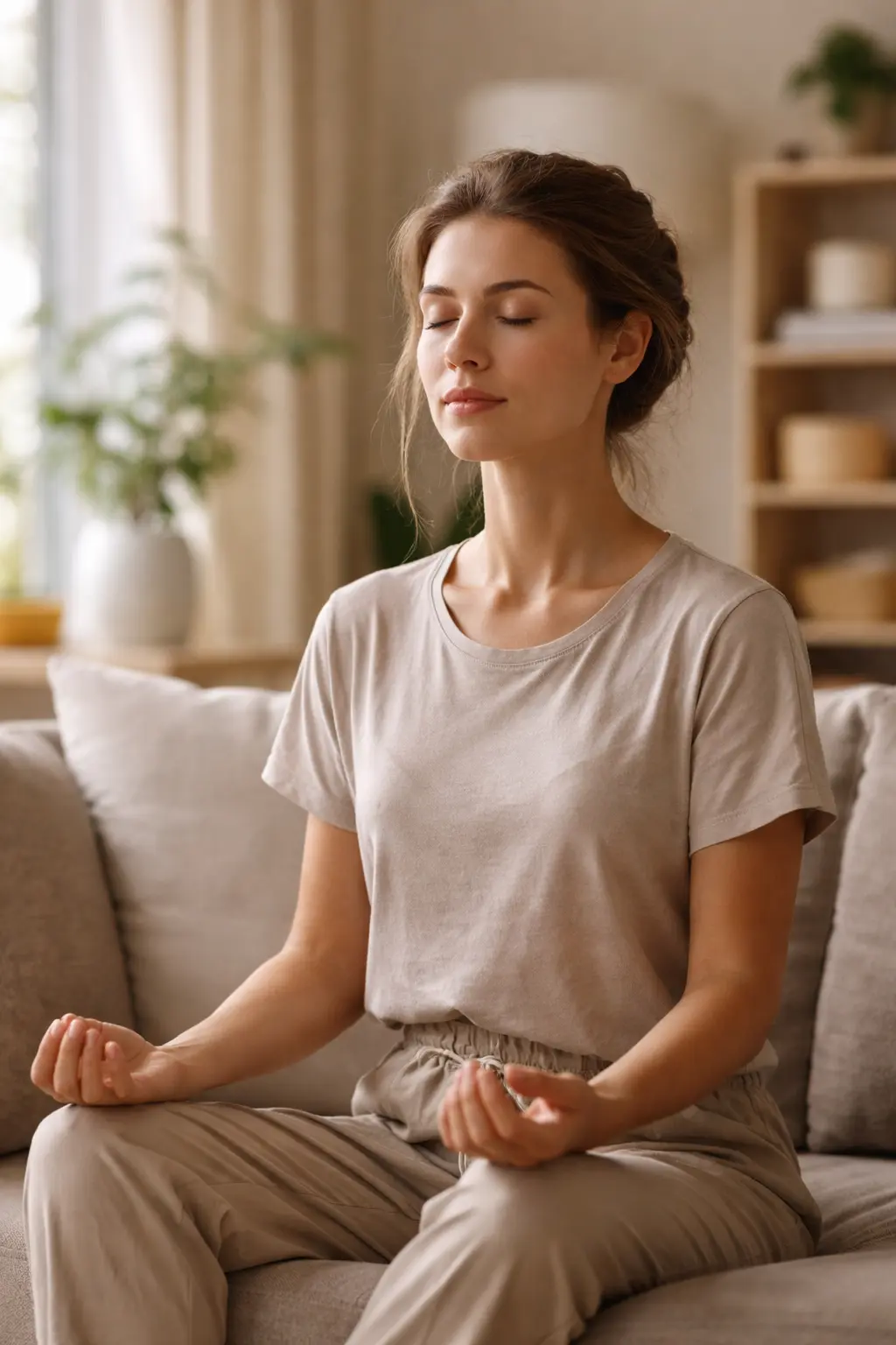 Femme assise confortablement sur un canapé, les yeux fermés, pratiquant une micro-méditation en se concentrant sur sa respiration dans un intérieur lumineux et apaisant.