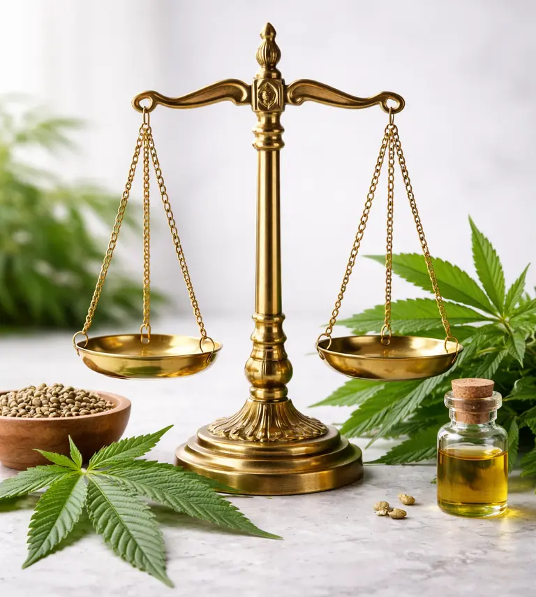 Balance de justice en laiton entourée de feuilles de chanvre CBD sur fond clair, ambiance professionnelle et neutre