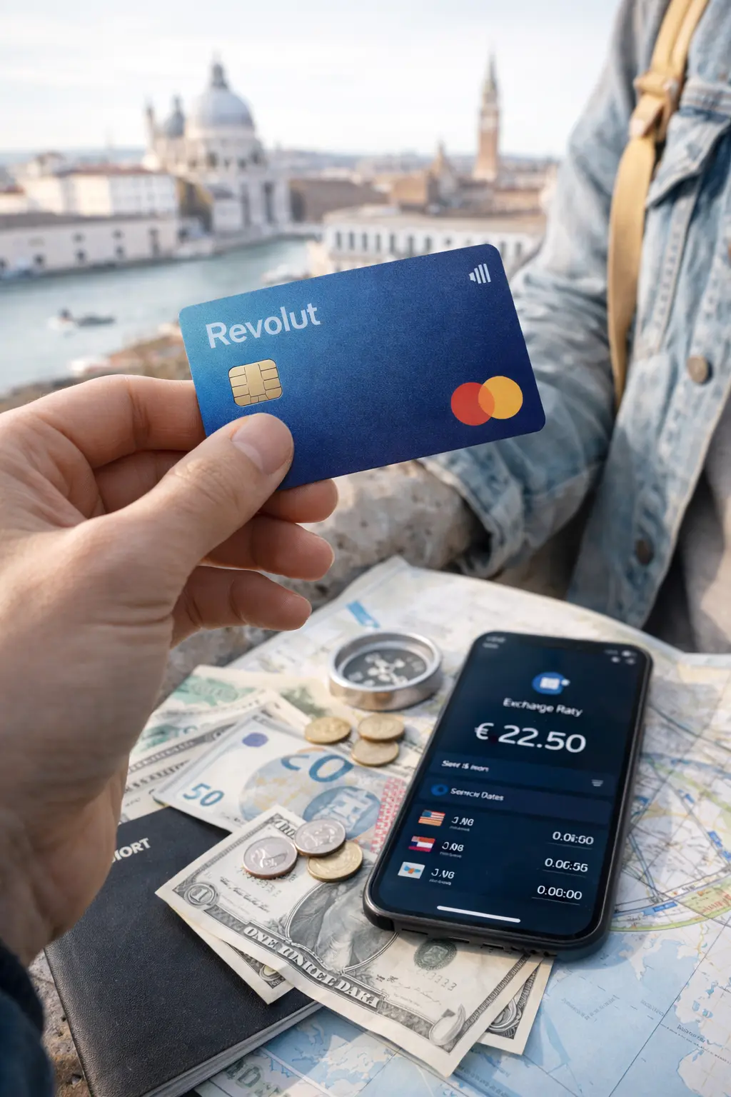 Carte Revolut tenue par un voyageur au-dessus d’une carte et d’un smartphone affichant un taux de change, avec une ville européenne en arrière-plan, concept de paiement à l’étranger et gestion d’argent en voyage. ✈️💳