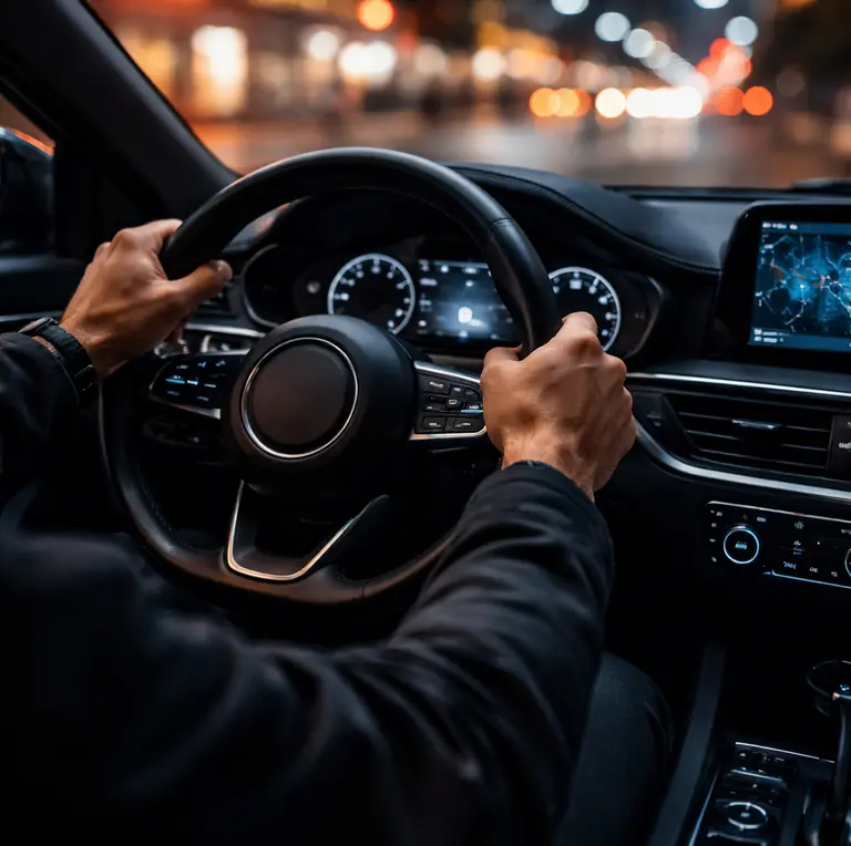 Conducteur tenant le volant d’une voiture moderne de nuit avec éclairage urbain flou en arrière-plan