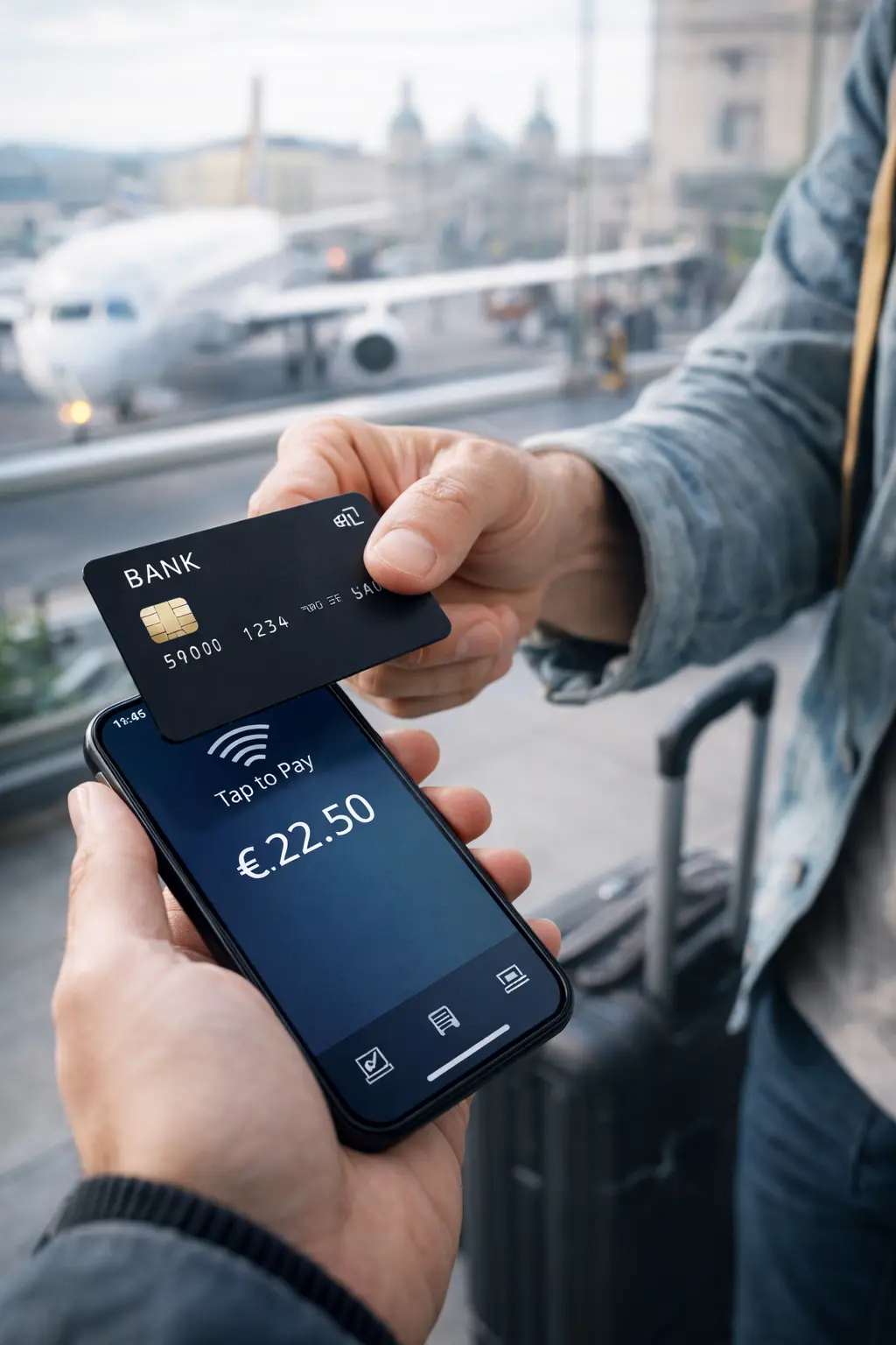 Voyageur effectuant un paiement sans contact avec une carte bancaire via smartphone dans un aéroport européen, concept de banque mobile et gestion de l’argent en voyage.