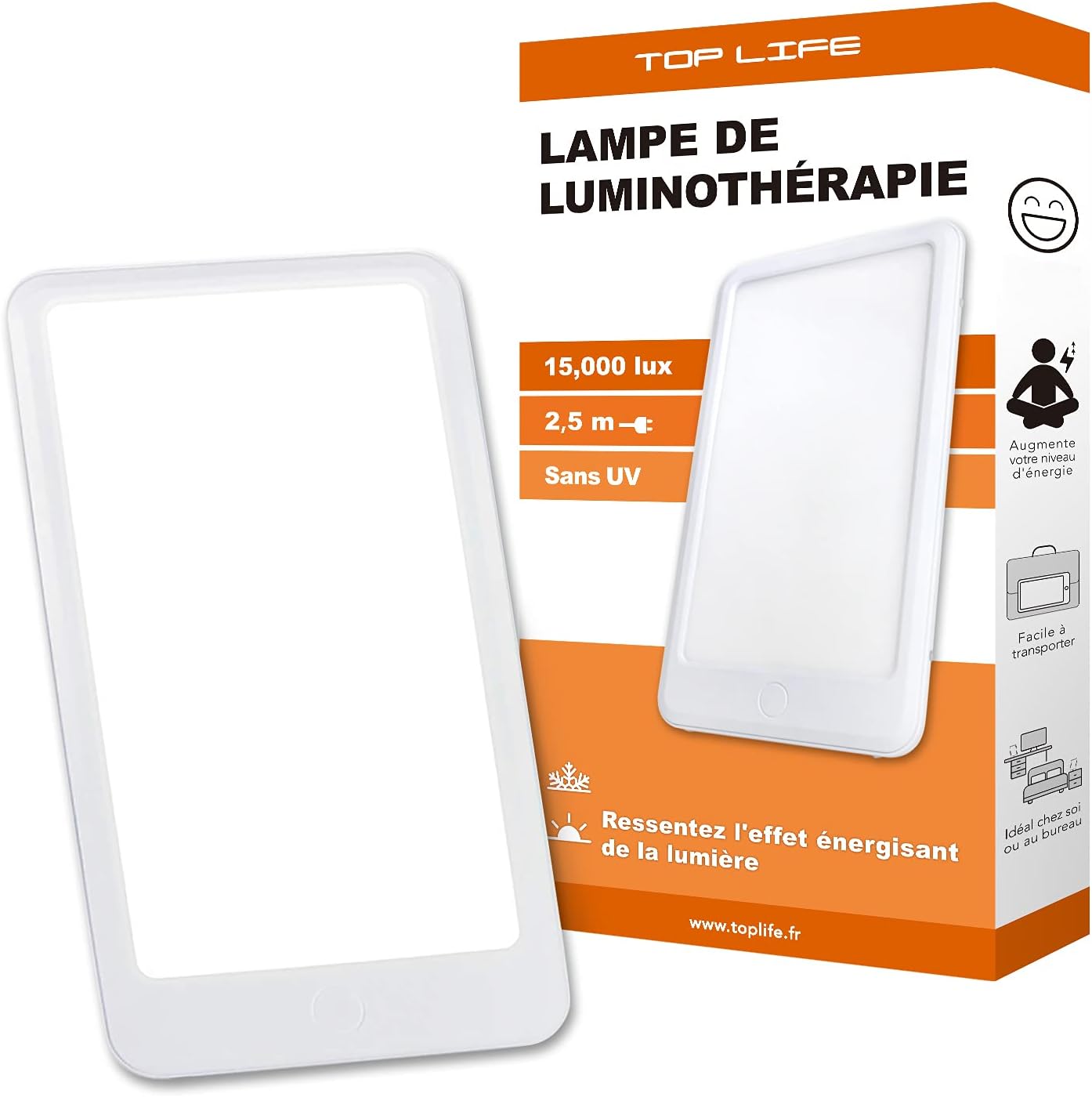 Lampe de luminothérapie 15 000 Lux – 3 intensités réglables, spectre complet, filtre UV, câble 2,5 m