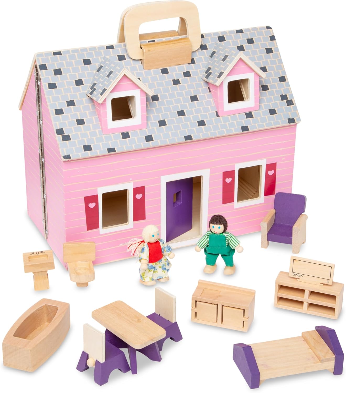Maison de poupées portable en bois avec meubles et personnages – Melissa & Doug