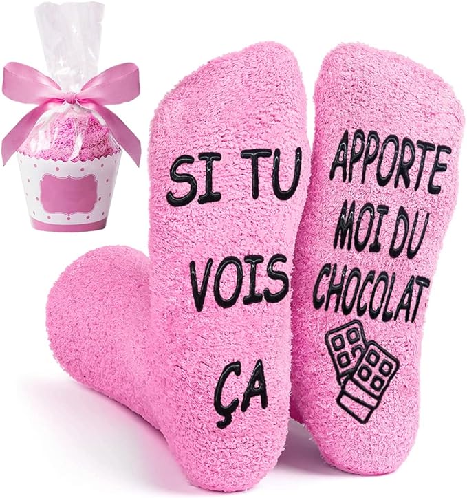Chaussettes humour femme hiver – Cadeau moelleux et drôle chocolat/vin
