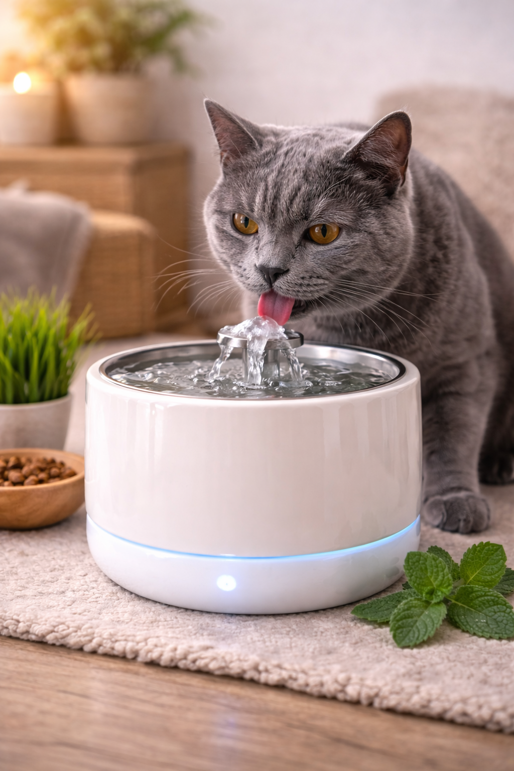 Chat Chartreux gris buvant de l’eau dans une fontaine à eau pour chat dans un intérieur chaleureux, illustrant l’hydratation des chats.