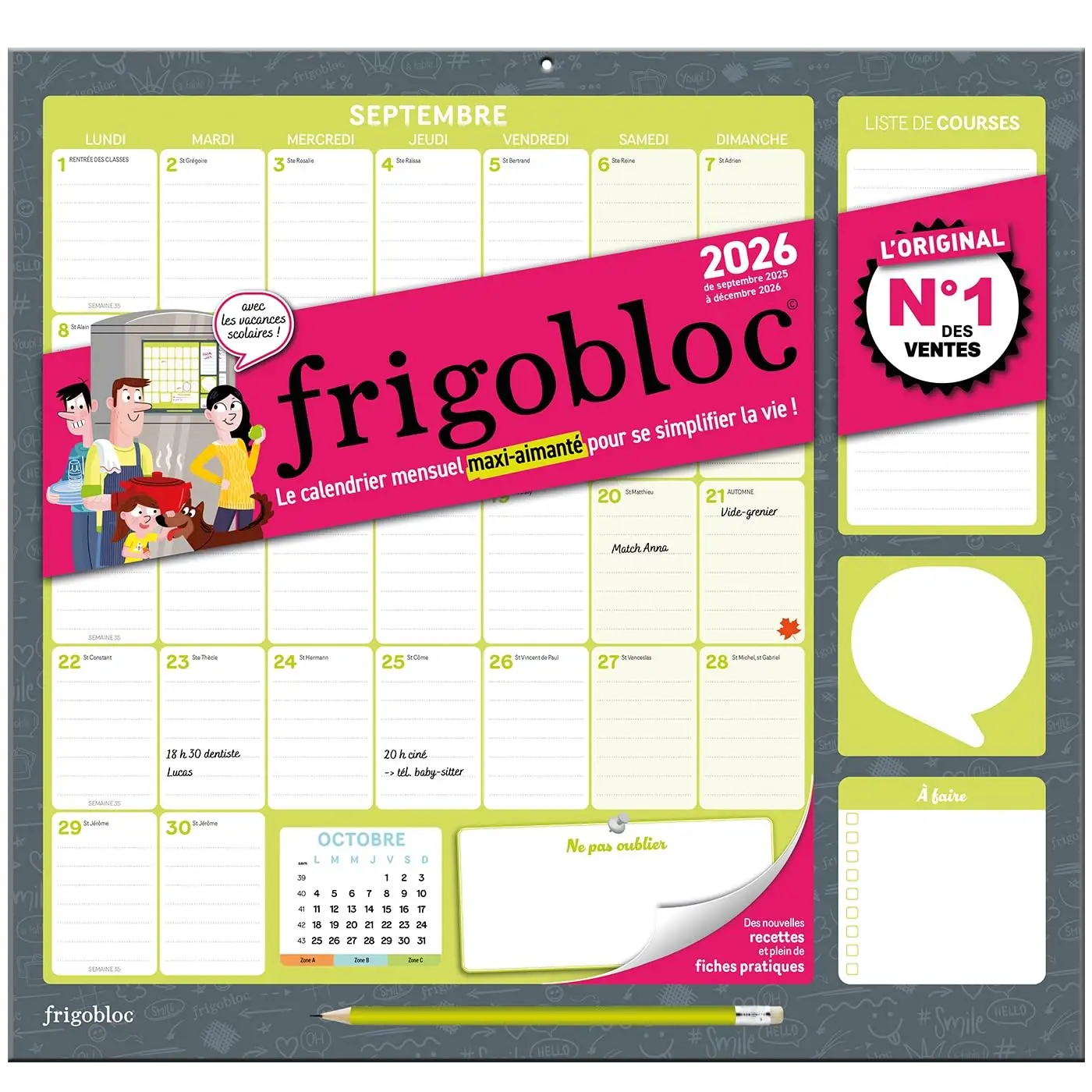 Frigobloc Mensuel 2026 – Calendrier familial aimanté (sept. 2025 - déc. 2026)
