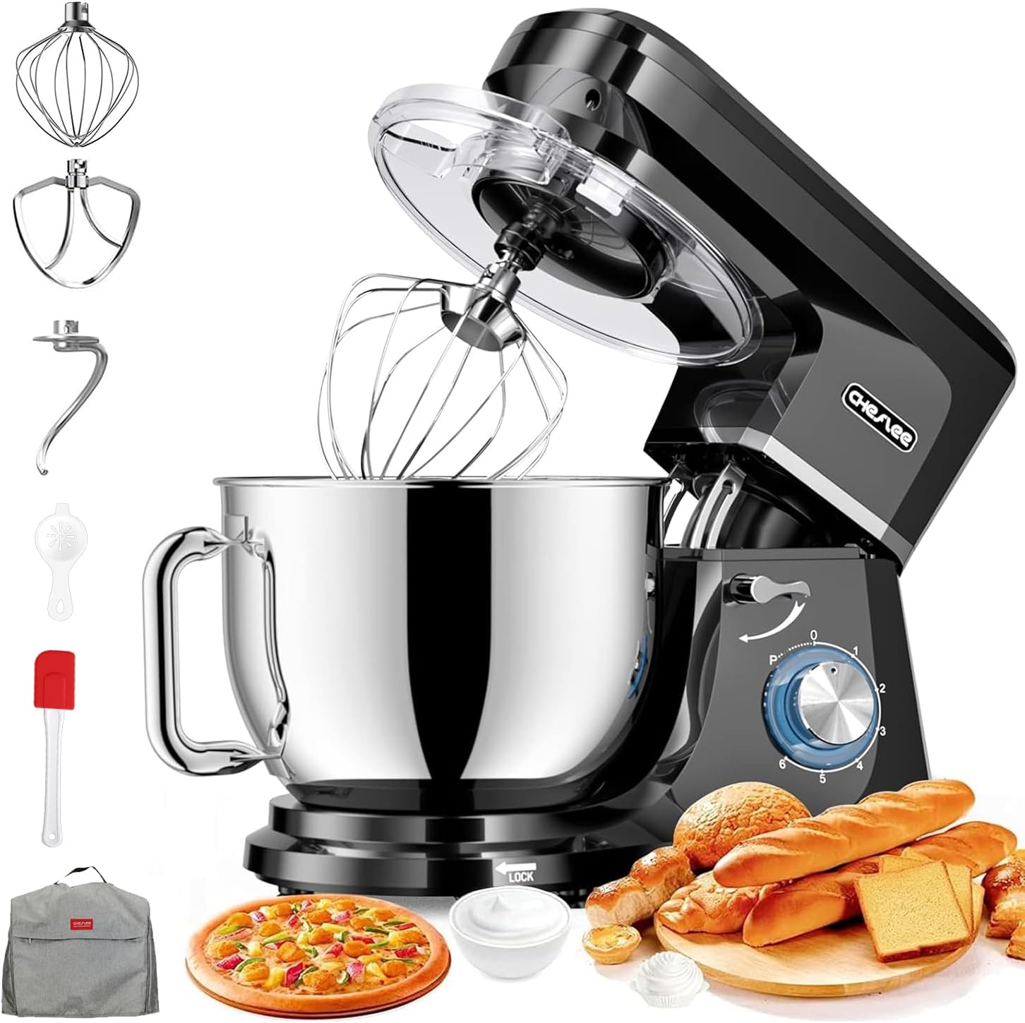 Robot pâtissier CHeflee 2000W – 7,2L inox, 6 vitesses