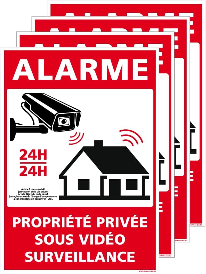 Autocollant alarme vidéosurveillance 24/24 – lot de 4 (75×105)