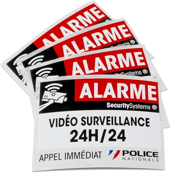 Stickers alarme & vidéosurveillance 24/24 – Lot de 4 (80x60)