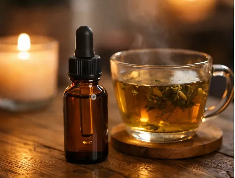 Flacon de CBD posé sur une table avec une tisane, ambiance calme du soir