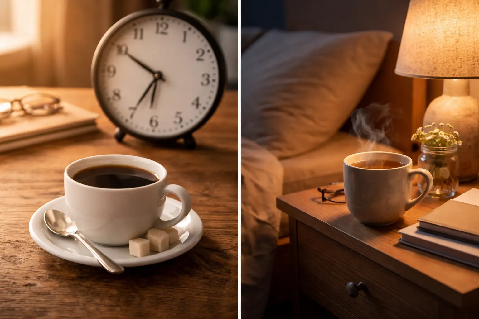 Tasse de café posée près d’une horloge en fin d’après-midi, lumière douce