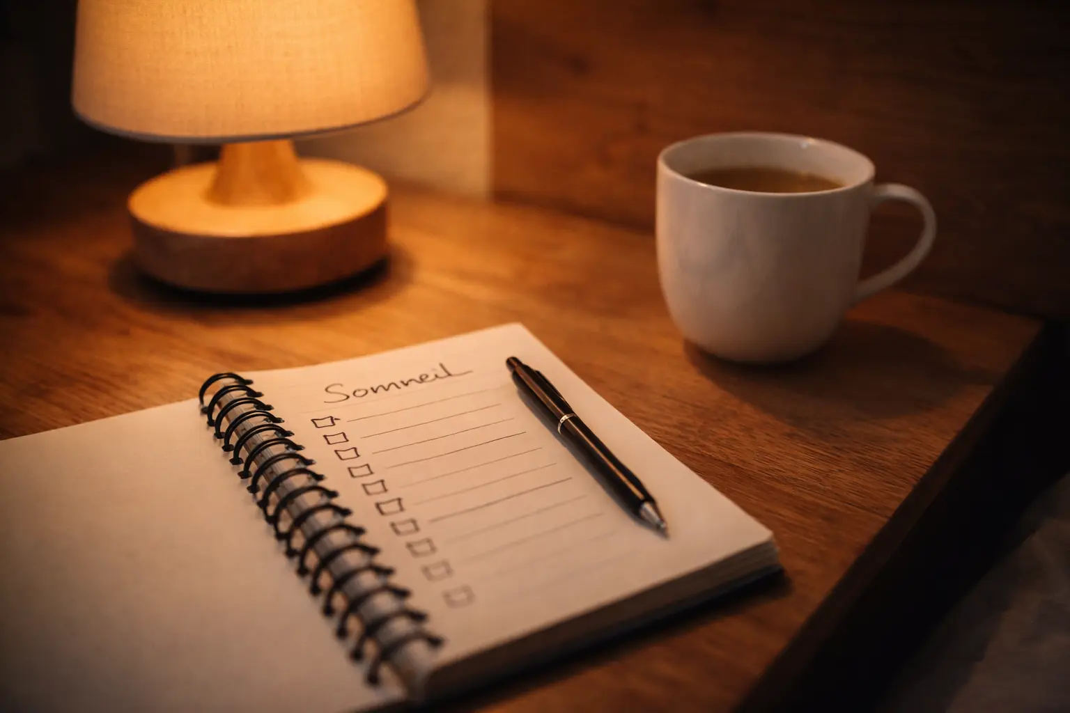 Carnet avec checklist sommeil, tasse sans caféine et lampe tamisée sur une table de nuit