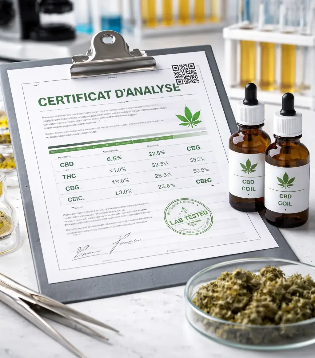 Certificat d’analyse de laboratoire indiquant la composition et le taux de THC d’une huile CBD bio