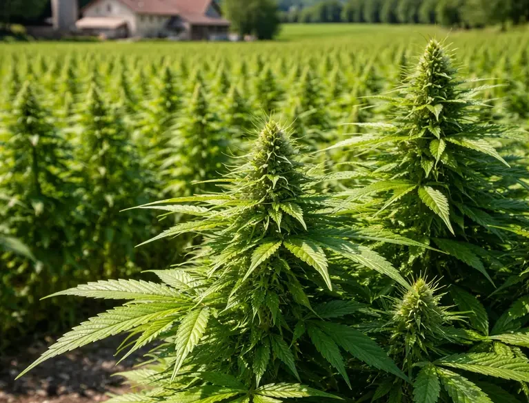 Champ de chanvre bio cultivé en Europe, utilisé pour la production d’huile CBD