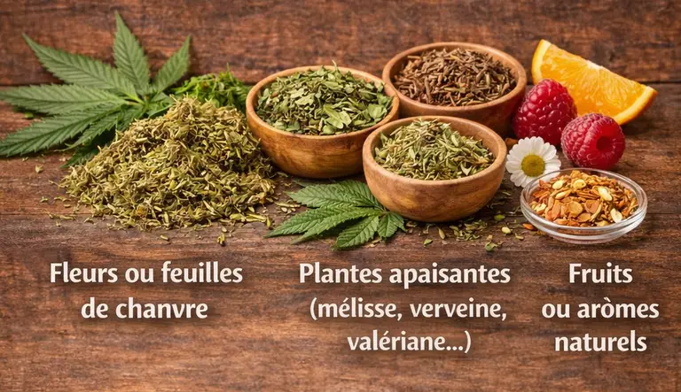 Photo montrant les ingrédients d’une infusion au CBD avec fleurs et feuilles de chanvre, plantes apaisantes comme la mélisse et la verveine, fruits ou arômes naturels, et une tasse d’infusion illustrant une approche douce du bien-être.