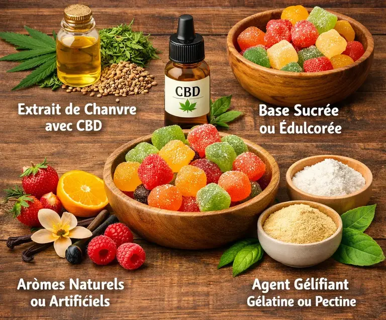 Illustration montrant la composition des gummies au CBD avec extrait de chanvre, base sucrée, arômes naturels et agents gélifiants comme la pectine ou la gélatine, présentés sous forme d’infographie.