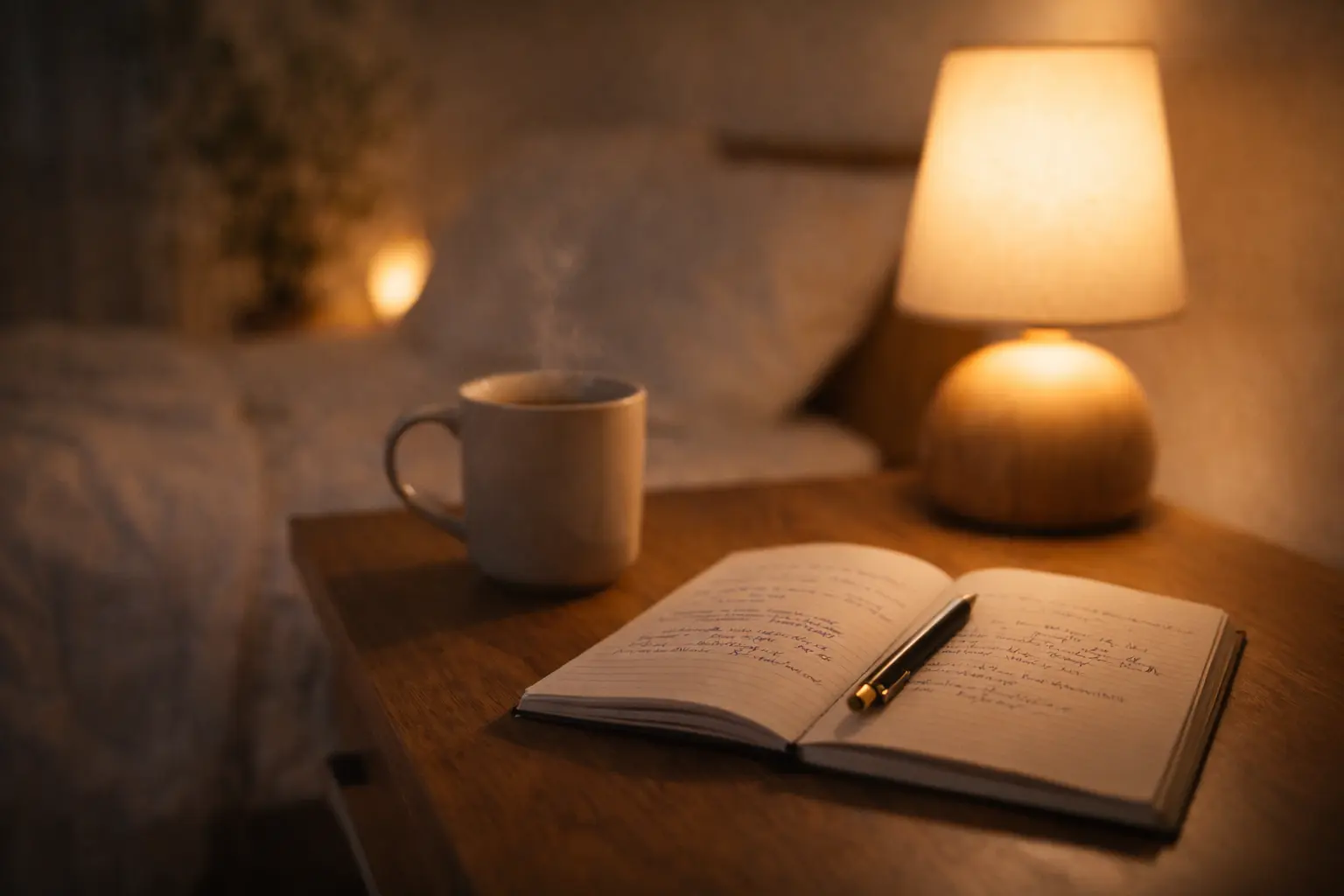 Carnet ouvert et stylo sur une table de nuit, tisane et lampe douce, ambiance calme avant le coucher