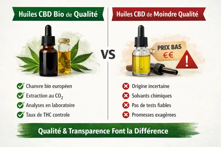Comparaison entre une huile CBD bio de qualité et une huile CBD de moindre qualité selon l’origine, l’extraction et les analyses