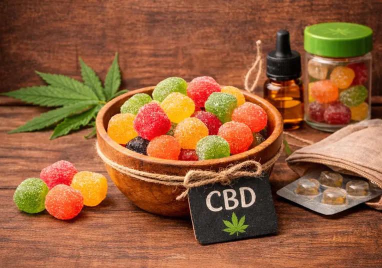 Photo de gummies au CBD colorés présentés dans un bol en bois, accompagnés d’un flacon d’huile de CBD et de feuilles de chanvre, illustrant un format pratique et facile à consommer.