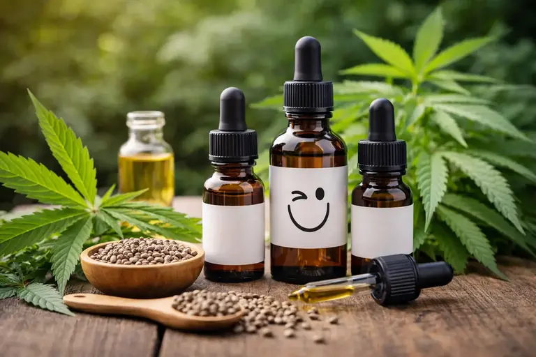 Huiles CBD bio à base de chanvre présentées en flacons avec graines et feuilles
