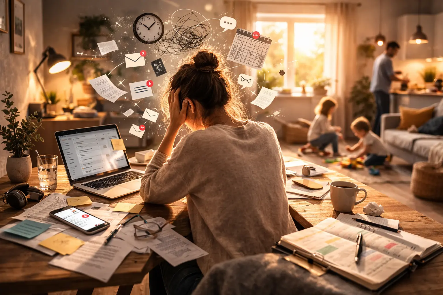 Femme assise à son bureau à domicile, entourée de distractions numériques et familiales, illustrant la surcharge mentale du quotidien