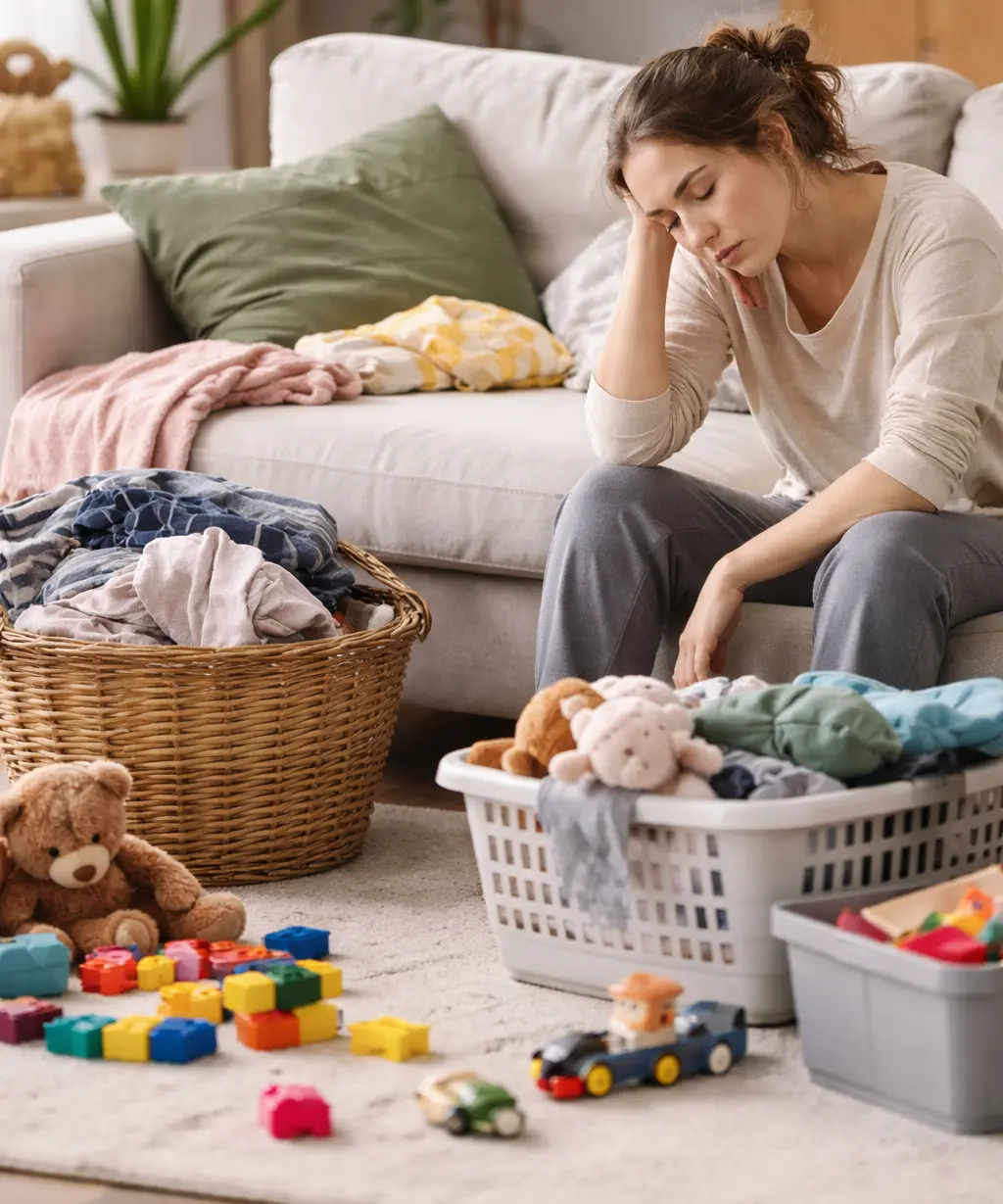 Femme fatiguée dans un salon encombré avec linge et jouets au sol illustrant les limites naturelles d’une organisation maison lors d’une semaine chargée