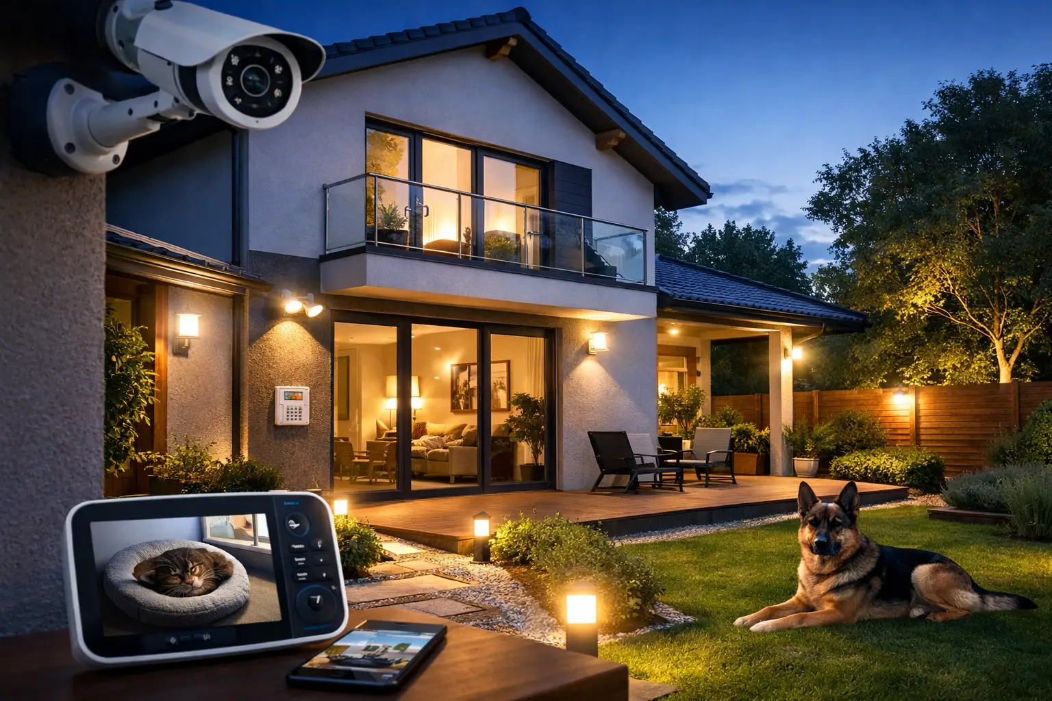 Maison moderne sécurisée avec caméras extérieures, éclairage de sécurité, surveillance intérieure et contrôle à distance des animaux domestiques