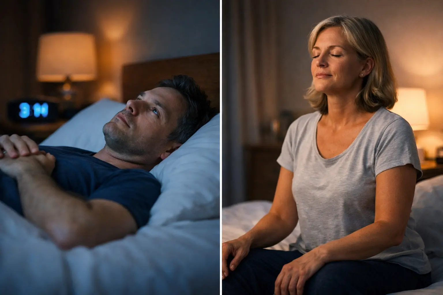 Personne éveillée dans son lit la nuit, lumière douce, ambiance calme mais préoccupée