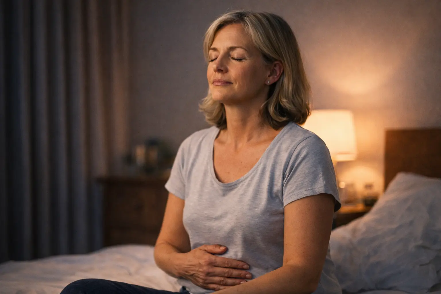 Personne assise calmement au bord du lit pratiquant une respiration lente la nuit