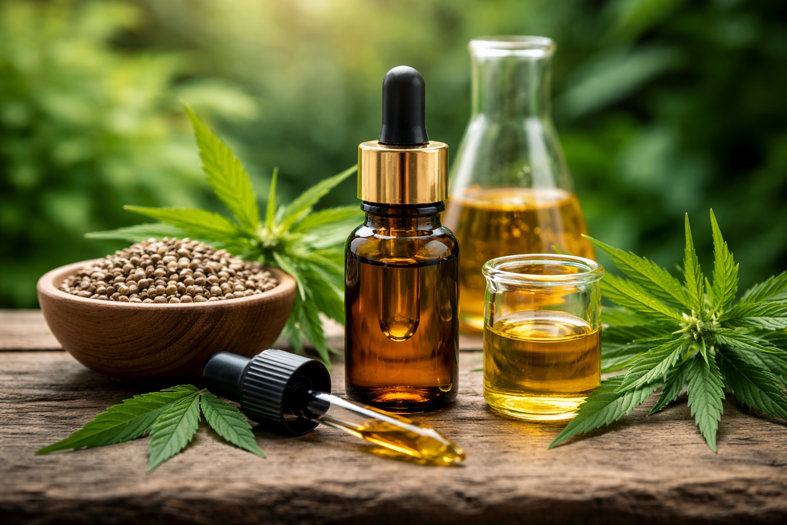huile cbd bio issue du chanvre avec flacon pipette et feuilles de chanvre