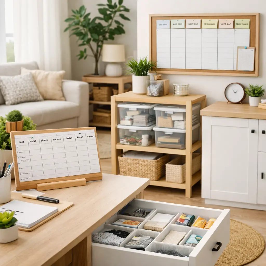 Espace de vie organisé avec planner hebdomadaire, boîtes de rangement et tiroirs compartimentés pour une organisation maison simple et fonctionnelle