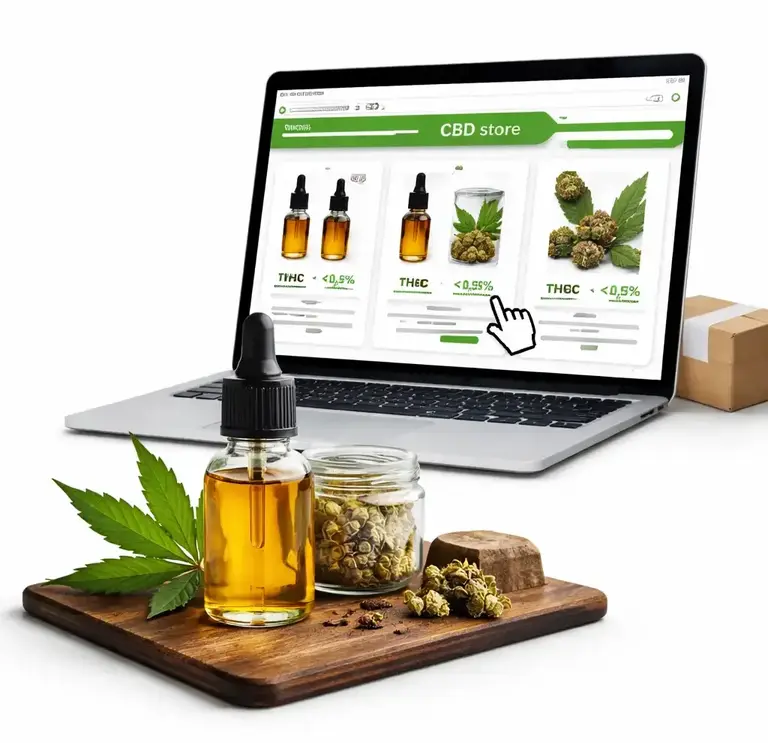 Ordinateur affichant une boutique en ligne de CBD avec huile, fleurs et résine de chanvre sur fond blanc, illustrant l’achat de CBD en ligne en France