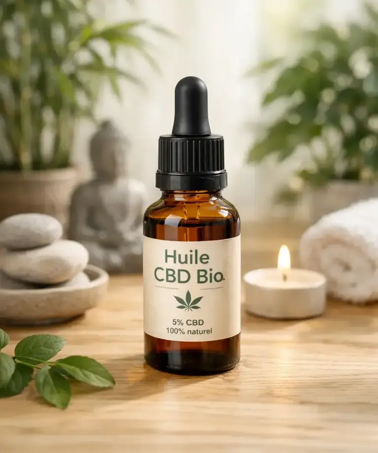 flacon d’huile CBD bio posé dans un environnement calme évoquant la détente et le bien-être
