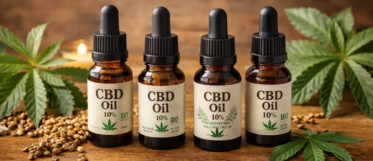flacons d’huiles CBD bio au chanvre avec graines et feuilles, sélection pour une routine détente et bien-être