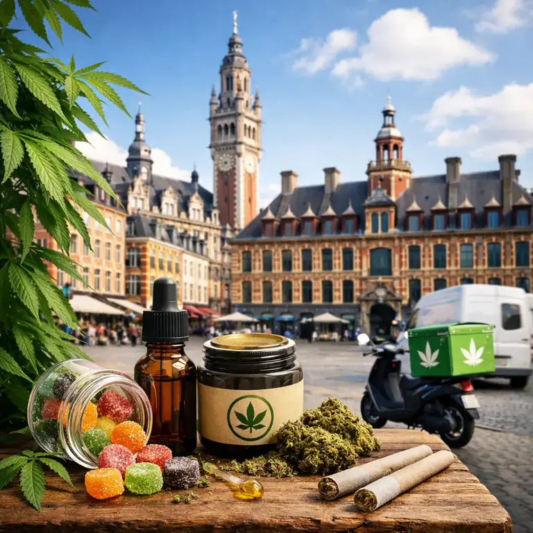 Produits CBD (huile, fleurs et gummies) présentés sur une table avec la Grand-Place de Lille en arrière-plan