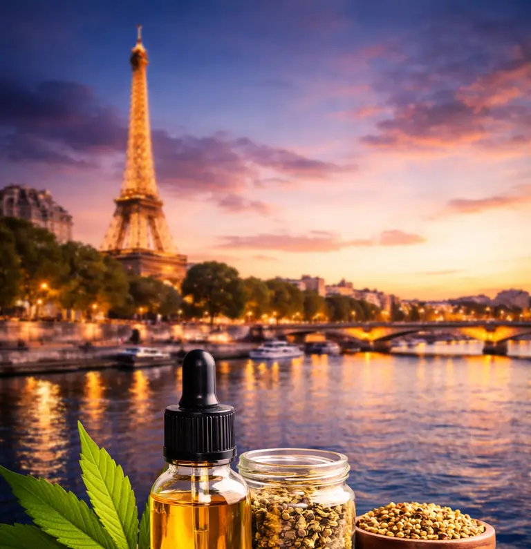 Produits CBD avec huile, fleurs et résine de chanvre devant la Tour Eiffel à Paris au coucher du soleil