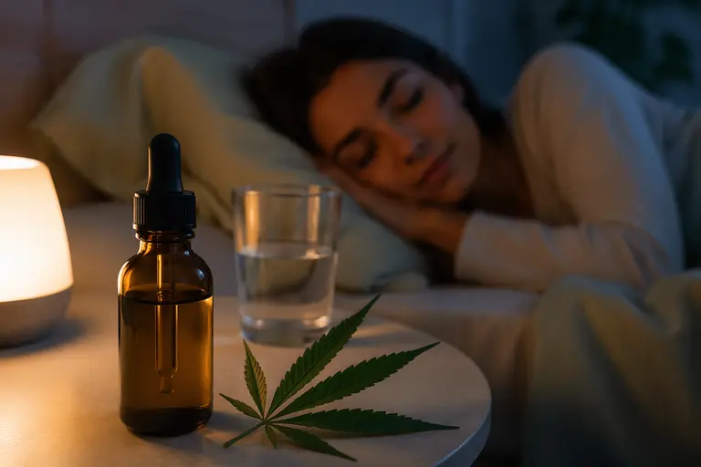 huile de CBD en gouttes posée sur une table de nuit avec feuille de chanvre et personne en train de dormir pour illustrer le dosage du CBD pour le sommeil