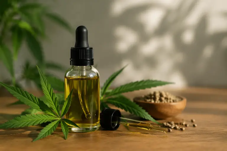 flacon huile CBD avec pipette sur table en bois feuilles de chanvre efficacité CBD naturel bien-être