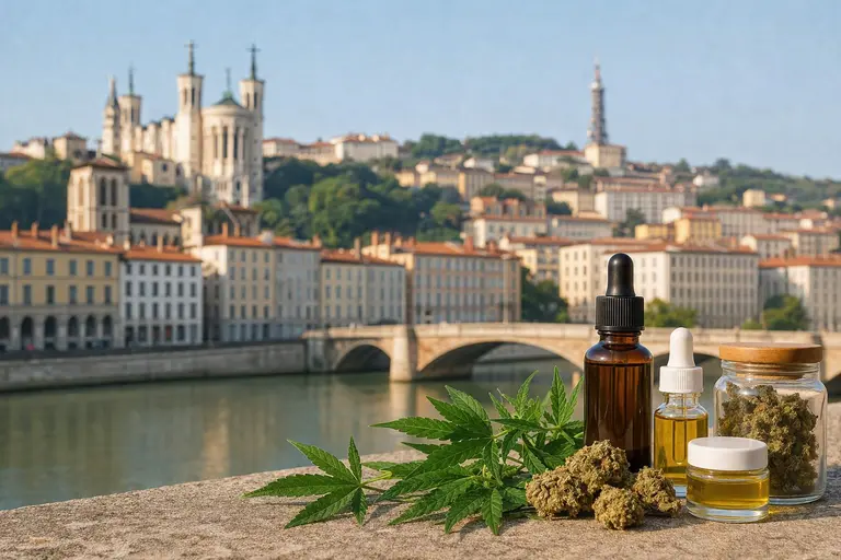 Produits CBD (huiles, fleurs et feuilles de cannabis) présentés au bord d’une rivière avec vue sur la ville de Lyon